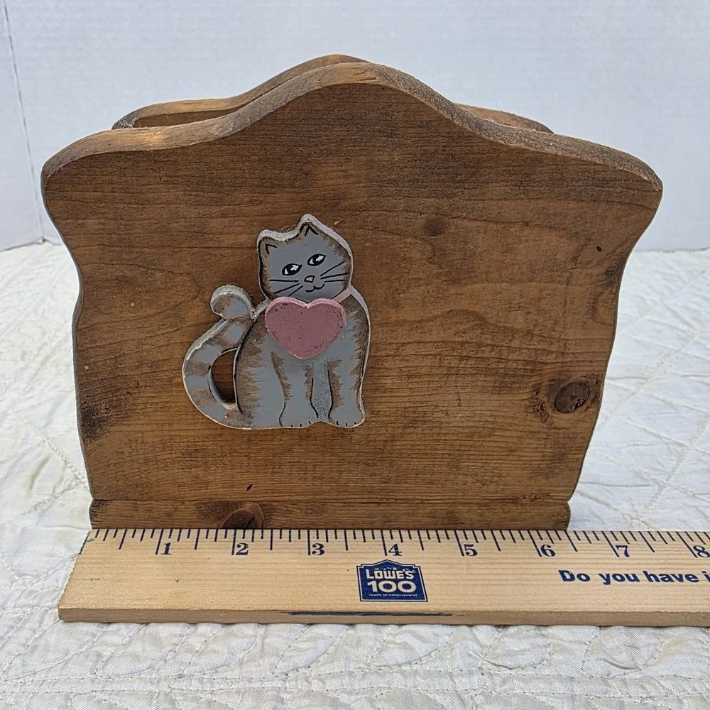 Vintage Cottage GrannyCore Wooden Cat Napkin Holder Heart Country Farmhouse Flaw